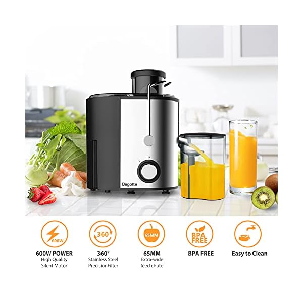Juicer, Bagotte Juicers Whole Fruit and Vegetable Easy Clean, 600w, Stainless Steel Juicer Machine with Wide Mouth, Dual…