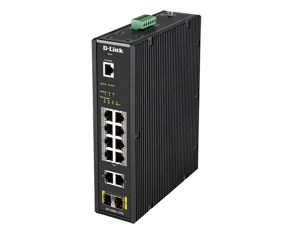 D-Link DIS-200G-12PS Industrial Switch 12 Ports 10 Gigabit 8 PoE 240W and 2 SFP for Extreme Conditions -40°C to 65°C ERPS, VLAN, QoS, IGMP, Link Aggregation Black