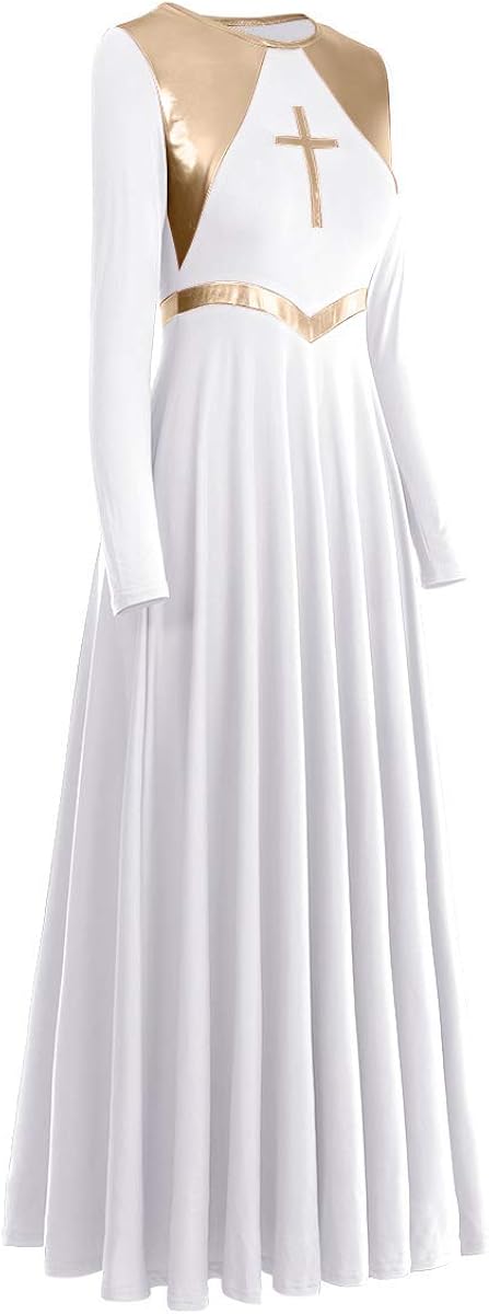Women Metallic Cross Liturgical Praise Dance Dress Lyrical Dancewear Color Block Full Length Robe Worship Costume: Clothing