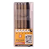 Sakura Pigma Micron pen, Archival pigment ink drawing pens - 6 pieces Manga Basic Set supplies for artist (005, 01, 05, 08, FB brush pen, Gelly roll pen white)