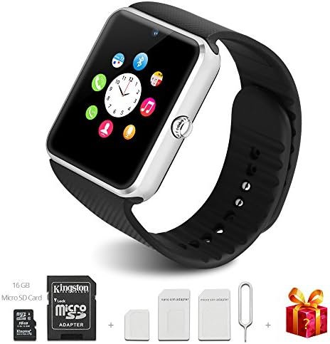 Bluetooth Smart Watch with 16GB Micro SD Card, Touch Screen Smartwatch for iPhone and Android Phones, Smart Watches with Camera and SIM Card is Supported (Silver)