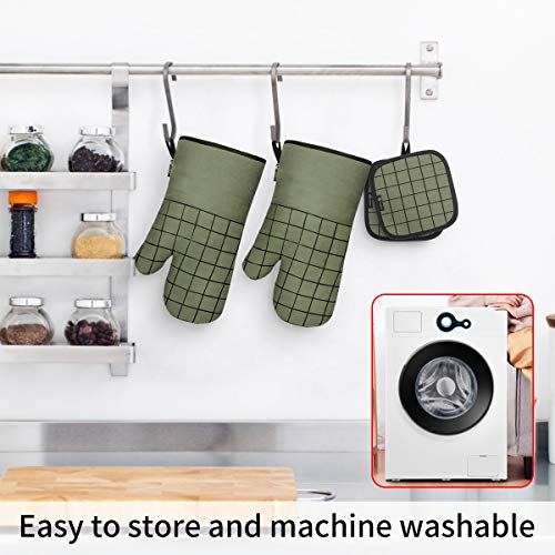 Slopehill Oven Mitts and Pot Holders, Heat Resistant Kitchen Bake Gloves Safe Trivet Mats 4 Pieces, Soft Cotton Lining with Non-Slip Surface for Cooking, Baking, Grilling, Barbecue (Green)