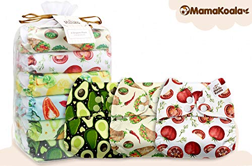 Mama Koala One Size Baby Washable Reusable Pocket Cloth Diapers, 6 Pack with 6 One Size Microfiber Inserts (A Fruit & Tacos)