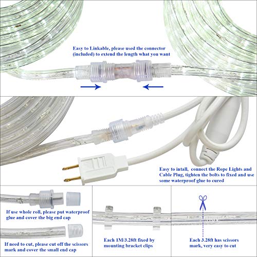 JUNWEN Outdoor LED Rope Lights Daylight White Indoor 432 LEDs Waterproof 39ft/12m Neon Light String Lighting Plug in 110V 8A Power Cord for Pool, Camping, Bedroom Decor, Landscape - Thumbnail 7