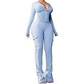 Molilove Women's 2 Piece Outfits Long Sleeve Sweatsuit Zipper Crop Jacket Bodycon Pants Tracksuit Going Out Streetwear