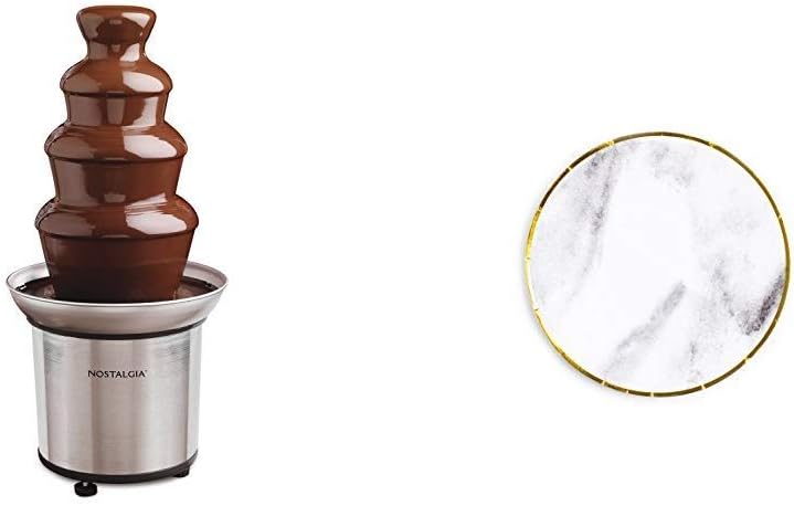 Nostalgia CFF986 4-Tier Stainless Steel Chocolate Fondue Fountain with Sugar and ClothInch round Dessert Paper Plate, Marble with Gold Edge, 24 Count