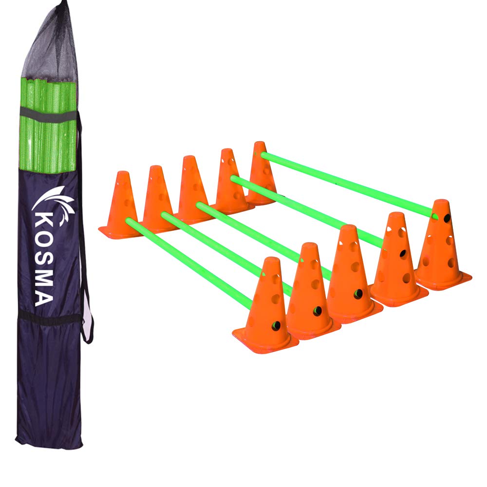 Kosma Pack of 15Pc Multi-functional and Adjustable Agility Hurdle set | Dog Agility Training Set - 10 Durable (9 Inches) Orange Cones with 12 holes & 5 Green Poles (40 Inches) - In Carry Bag