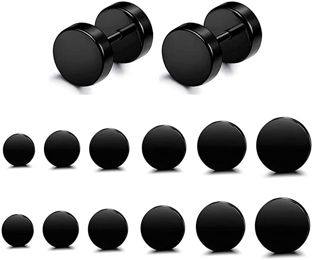KOMUNJ Stainless Steel Earrings Set for Women Men, Hypoallergenic Studs Piercing, Black, 6 Pairs, 5-10mm