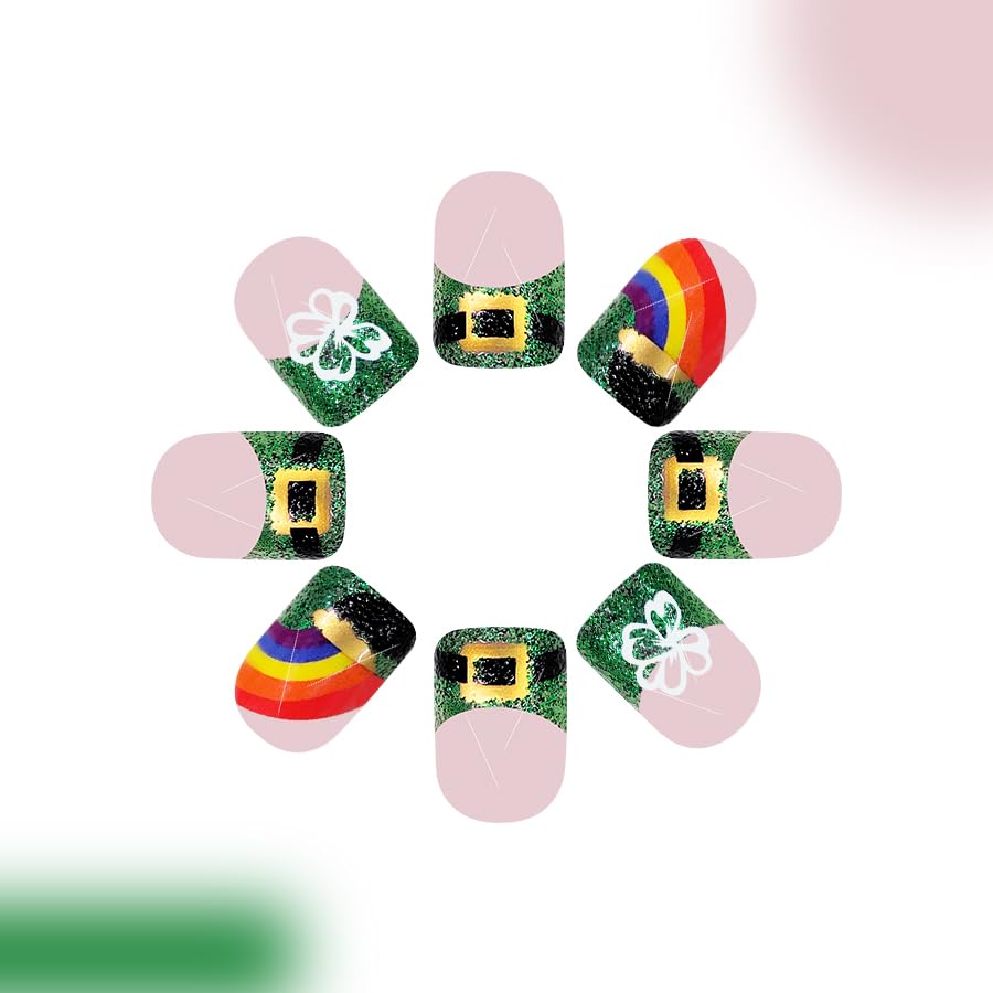 24Pcs St. Patrick's Day Press on Nails Short Square Green Glitter Tip Fake Nails Four Leaf Clover Stick on Nails With Glue on Nails Artificial Nails False Nails Holiday Gift False Nails for Women - Image 3