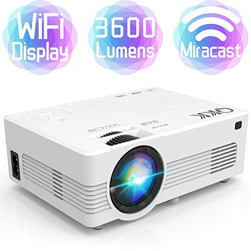 QKK Upgraded 3600Lumens WiFi Projector, Full HD 1080P Supported Mini Projector Tripod Included, Synchronize Smartphone Screen by WiFi/USB Cable, HDMI/AV/USB/TF/Sound Bar/TV Stick Supported