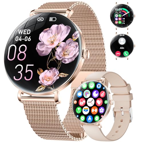 ESFOE Reloj Inteligente Mujer,1.43" AMOLED Smartwatch Mujer con Llamadas/24H Sueño/Pulsómetro/SpO2,Función Femenina 120 Modos Deportivos IP68 Pulsera Actividad Calorías Podómetro Android iOS Oro Rosa