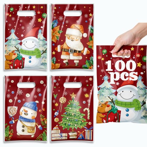 TESKEUP Christmas Gift Bags with Handles - 100 Pcs Christmas Treat Goodie Bags, Plastic Small Xmas Favor Bags Bulk for Candy Cookies Snacks Xmas Holiday Party Favors Supplies