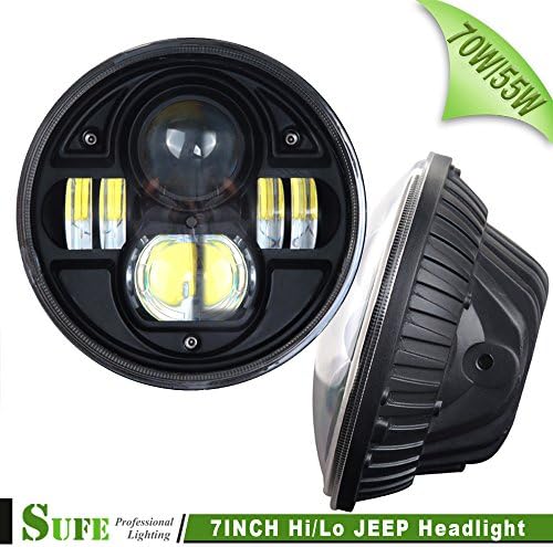 SUFE 2PCS Round 7 INCH 70W / 55W CREE LED HEADLIGHT WITH HI/LO BEAM REPLACEMENT KIT FOG HEADLIGHT BLACK COLOR 9-60V IP67 FOR JEEP 97-15 Wrangler JK LJ