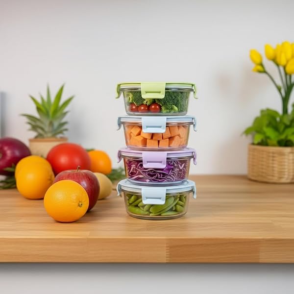 B.GUBOBOYA 1.5 CUP ROUND GLASS FOOD CONTAINERS WITH LIDS AND FOLDING SPOON, ROUND SMALL FOOD CONTAINERS WITH LIDS, 12OZ GLASS LUNCH BOWLS FOR OFFICE MEALS, MICROWAVE, FREEZER, DISHWASHER SAFE (4 PACK)