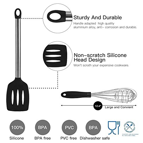 Kitchen Utensil Set - 8 Cooking Utensils Kit Gadgets with Nonstick Silicone & Stainless Steel - Kitchen Tools Serving Spatula, Spoon, Tongs, Whisk, Strainer, Ladle, Pasta Server, Slotted Turner