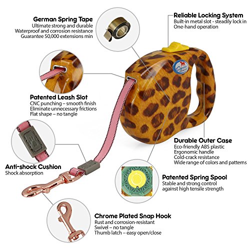 DOGNESS Retractable Dog Leash, the Modern Series, One Button Locking System, Suitable For Kids, No Tangle Waterproof Ribbon Tape, for Small Medium Large Dogs, Leopard Print 13 ft