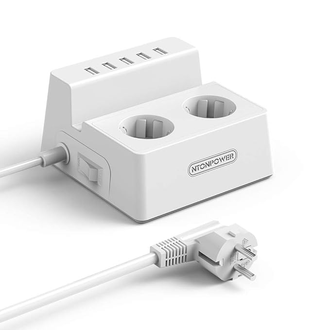 USB Steckdosenleiste überspannschutz 2-fach Mehrfachsteckdose mit Telefonhalter Kindersicherung, Netzschalter und Schalter Ve