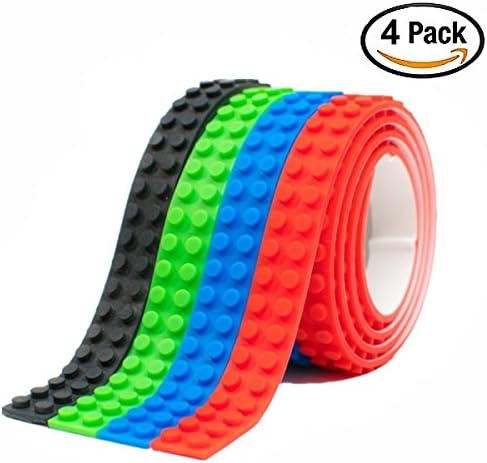 Jimess 4 Rolls Building Block Tape Silicone Non-Toxic Safe Self Adhesive Tapes Cuttable and Reusable Loops Compatible with All Lego Collection Construction Brick Strip Toy（Blue,Red,Black,Green）