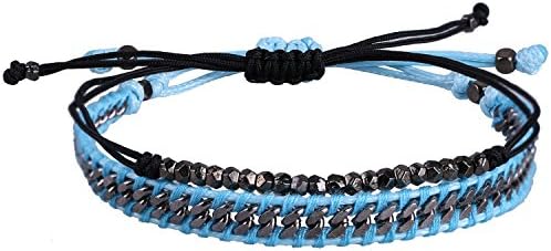 KELITCH 2 pcs/Set Red Thin Rope Cord Black Metal Chain Bracelet Silver-Plated Nugget Brown String Bangle