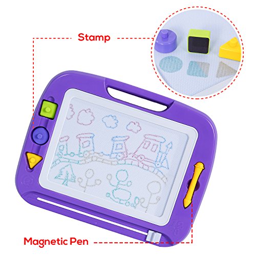 SGILE 16.3X12.8 Kids Magna Drawing Board Toy Foldable Stand Foothold 3 Stamps, Non-Toxic Magnetic Doodles Sketch Pad Painting Writing Toddlers Preschooler Learning Development, Purple - Thumbnail 2