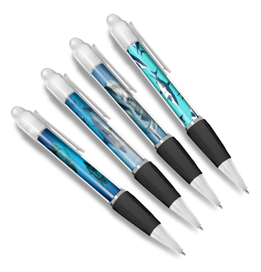 DV DESIGN Set of 4 Shark White Ballpoint Pens - Pattern Great White Sea Creature Scuba Themed Boys Girls Men Women Stationery Pen #79612