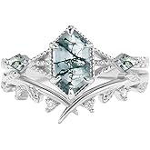 1CT/1.5CT/2CT Moss Agate Wedding Ring Set - Pear/Kite/Princess/Hexagon Cut Moss Agate Bridal Sets Wedding Rings White Yellow Rose 10K 14K 18K Gold Art Deco Anniversary Promise Ring Set