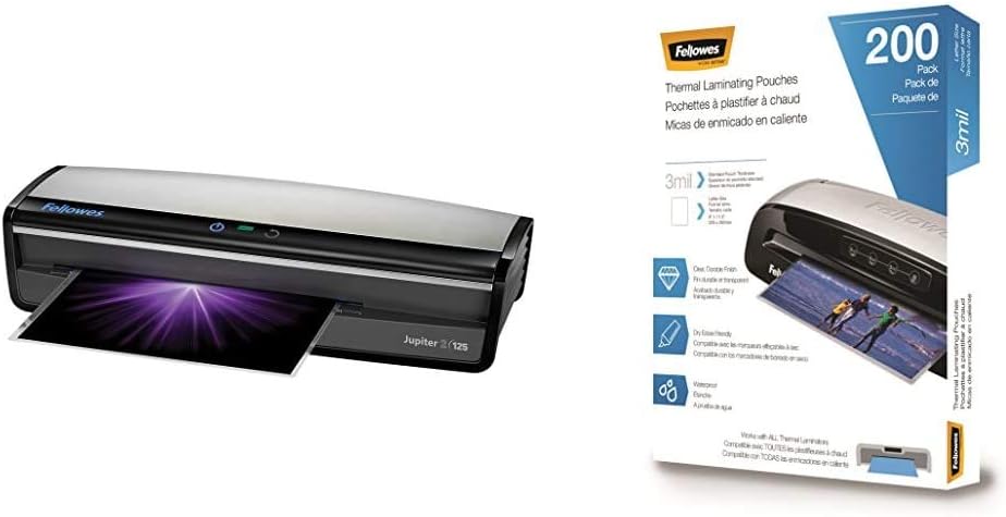 Fellowes Jupiter 2 125 Laminator with 10 Pouches, 12.5 Inch (5734101), Black & Grey and Thermal Laminating Pouches, 3mil Letter Size Sheets, 9 x 11.5, 200 Pack, Clear (5743401)