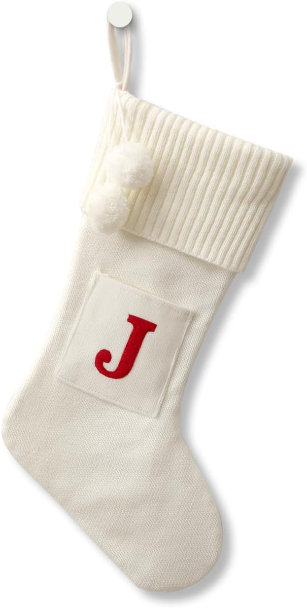 Stockings & Holders - CRSMHLPK 20 Inches Initial Christmas Stocking Monogram Christmas Stocking White with red Embroidered Letter Christmas Decorations 02-J-White