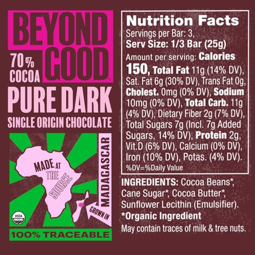 BEYOND GOOD, ORGANIC 70% MADAGASCAR DARK CHOCOLATE BAR, 2.64 OUNCE
