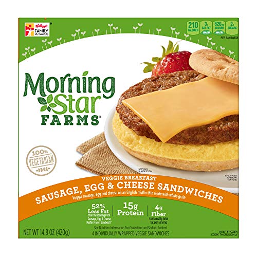 Kellogg's Morningstar Farms Sausage Egg & Cheese Sandwiches - Clean Eating Meals, Vegetarian, Kosher Diary 14.8 oz Box (4 Count)