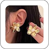 Vacaonio Boho Large Gold Floral Earrings Pearl Flower Stud Earrings Metal Flower Earrings Vintage Flower Petal Earrings Flower Wedding Earrings Jewelry for Women