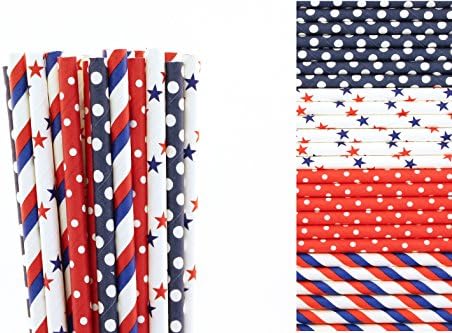 4th of July Paper Straw Mix- Polka Dot, Stars, Striped (25)