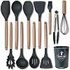 Kitchen-Utensil-Set-16-Piece-Silicone-Kitchen-Gadget-for-Cooking-Baking-Non-Stick-Non-Scratch-Cookware-Set-with-Wooden-Handle-Heat-Resistant-Silicon-Spatula-Tool-Set-with-Holder-Dark-Grey Kitchen Utensil Set - 16 Piece Silicone Kitchen Gadget for Cooking, Baking - Non Stick Non Scratch Cookware Set with…