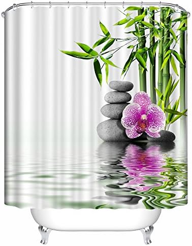 Bamboo Plants with Grey Stones Fabric Shower Curtain. Spa Decor Kin By Nicola, Water Resistant Bathroom Zen Garden Theme Decor View for Magical and Luxurious Bathroom