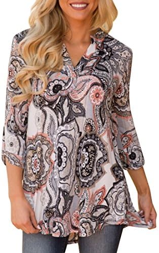 Destinas Women's 3/4 Sleeve Geometric Floral Print Tunic Blouse Tops Shirts M Grey