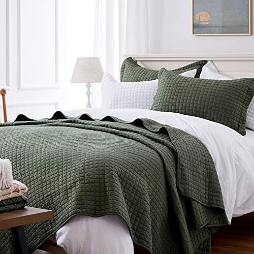 SunStyle Home Quilt Set King Olive Green Lightweight Bedspread Soft Reversible Coverlet for All