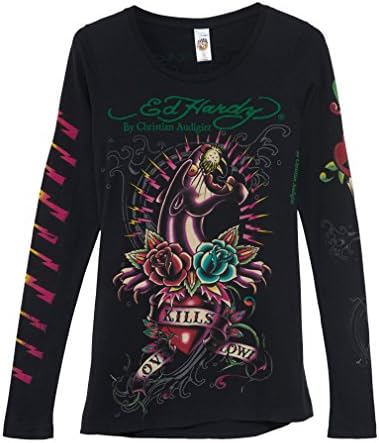 ED Hardy Crew Neck Panther Roses Specialty Long Sleeve Tee Style: A8ZCJAZS-BLK Size: M