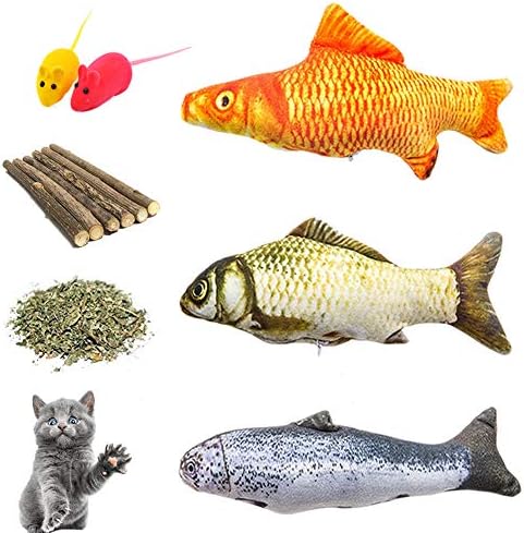 Cat Toys Catnip Toys Assortments, 3 Refillable Catnip Fish, 6 Catnip Matatabi Chew Sticks, 2 Squeaky Mouse, with Extra Catnip for Refill, Best for Cat, Kitty, Kitten, Puppy(Pack of 11)