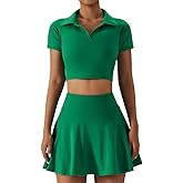 2 Piece Tennis Dress for Women High Waist Pleated Tennis Skirt with Shorts Short Sleeve Crop Golf Workout Skirts Sets