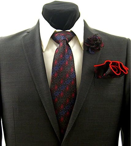 Men's Black with Red &amp; Blue Paisley Necktie Tie, Round Pocket Square and Lapel Pin Box Set