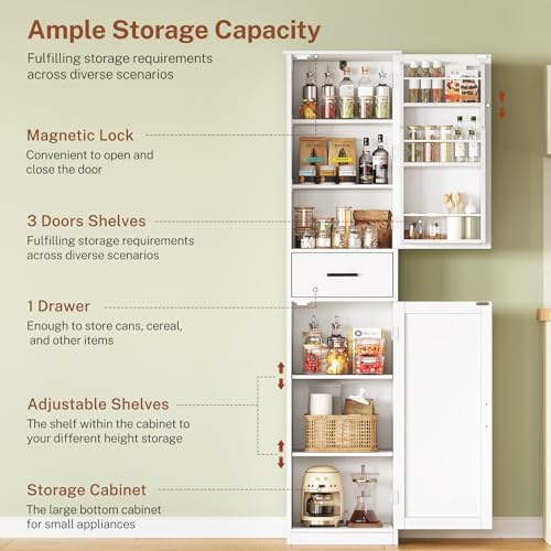TEENFON 67" H Pantry Storage Cabinet, Bathroom Cabinet with 3 Door Shelves & 1 Drawer, Tall Kitchen Pantry Cabinet for Living Room, Bathroom, Kitchen, White