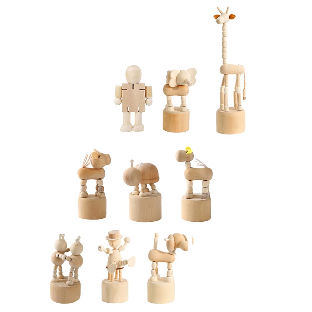 Amosfun 9pcs Wooden Crafts Animal Puppet Toys Cartoon Push Up Crafts Finger Animal Figures Thumb Press Base Toys Home Decoration (Mixed Style)