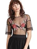 MakeMeChic Women's Rose Embroidered Applique Sheer Mesh Blouse Top Black XS