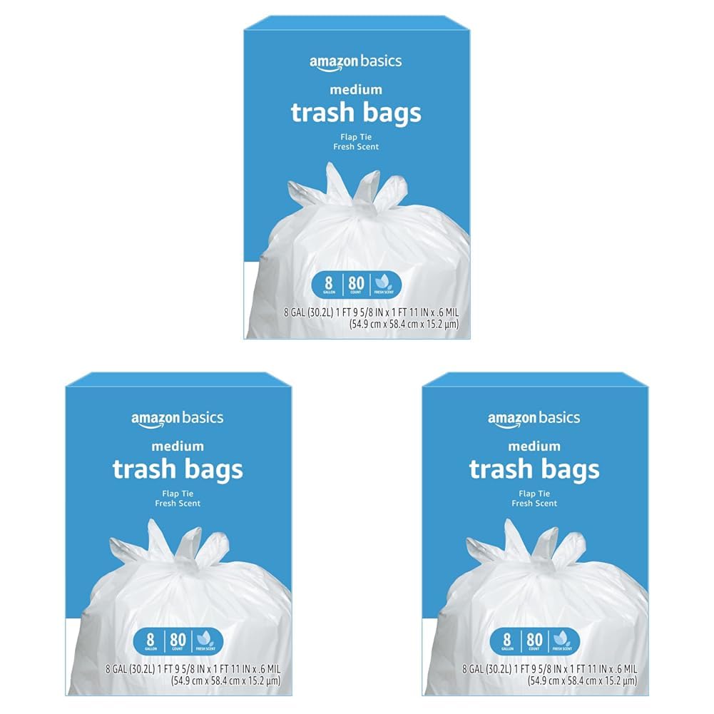 Amazon Basics 8 Gallon Flap Tie Trash Bags, 80 Count Fresh Scent (Pack of 3) Image