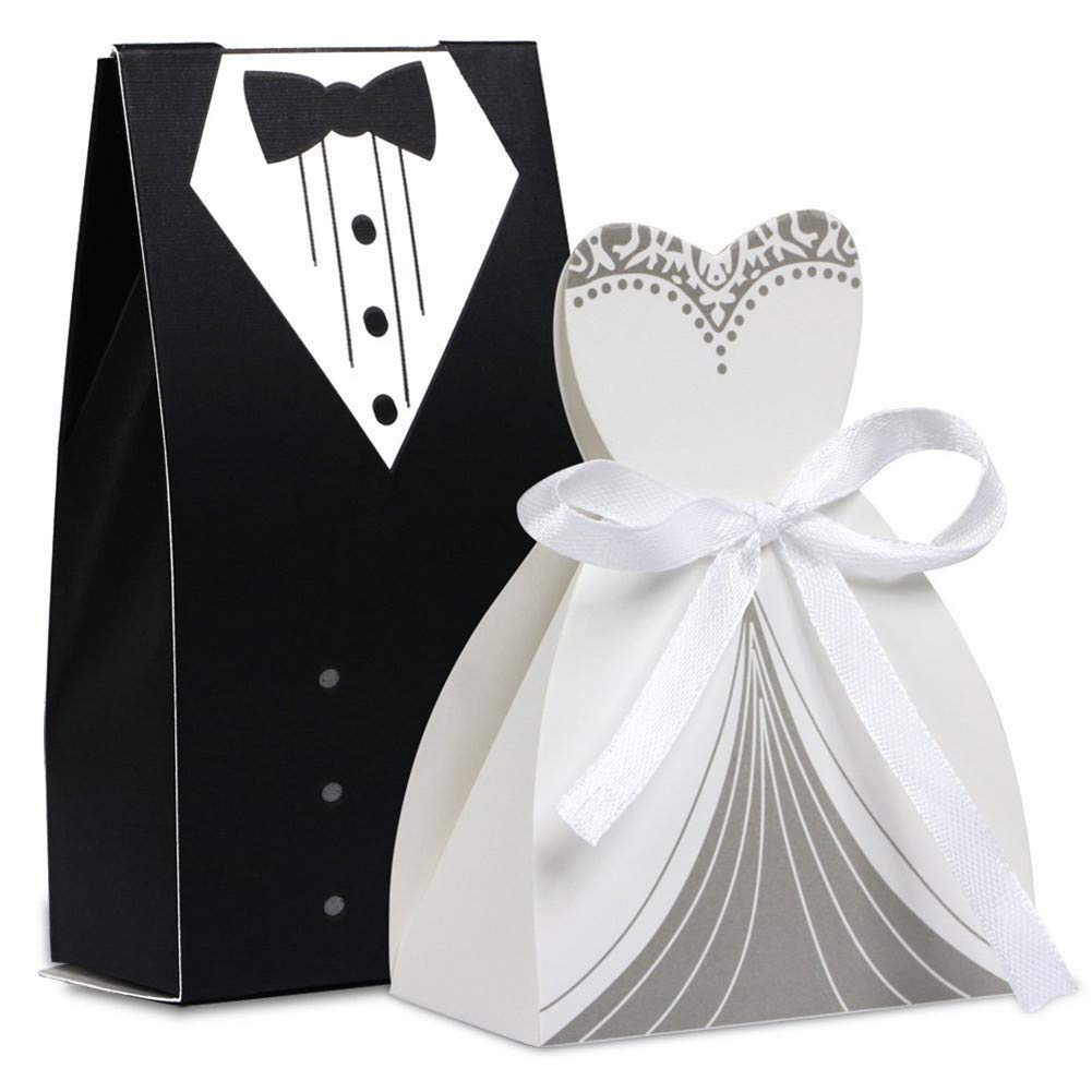 KUPOO 100PCS Wedding Favors Wedding Party Favor Boxes Creative Tuxedo Dress Groom Bridal Candy Gift Box with Ribbon