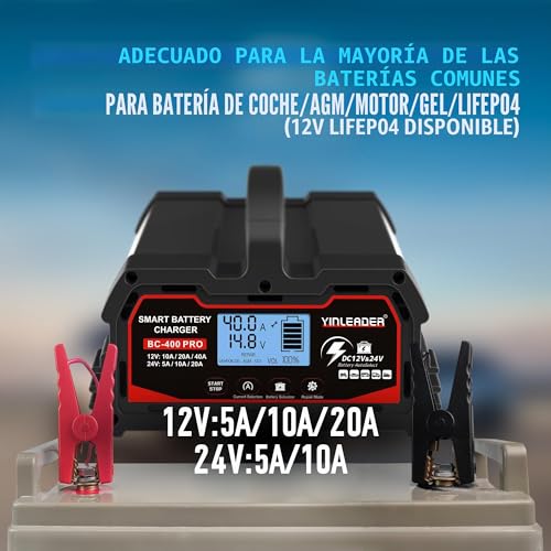 Car Battery Charger 40A/20A 12V/24V 20A/10A Car Battery Charger Fully Automatic Smart Charger with LCD Display, Chargers for 12V LiFePO4 Battery, Black