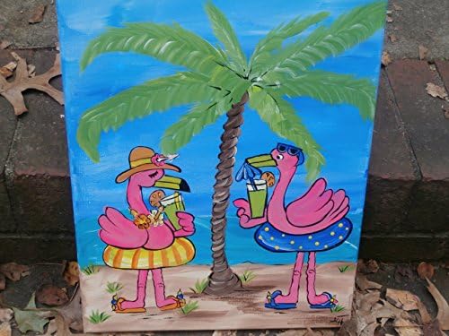 Hand painted 11 x 14 flamingos on the beach canvas painting. Lighted with battery operated lights.