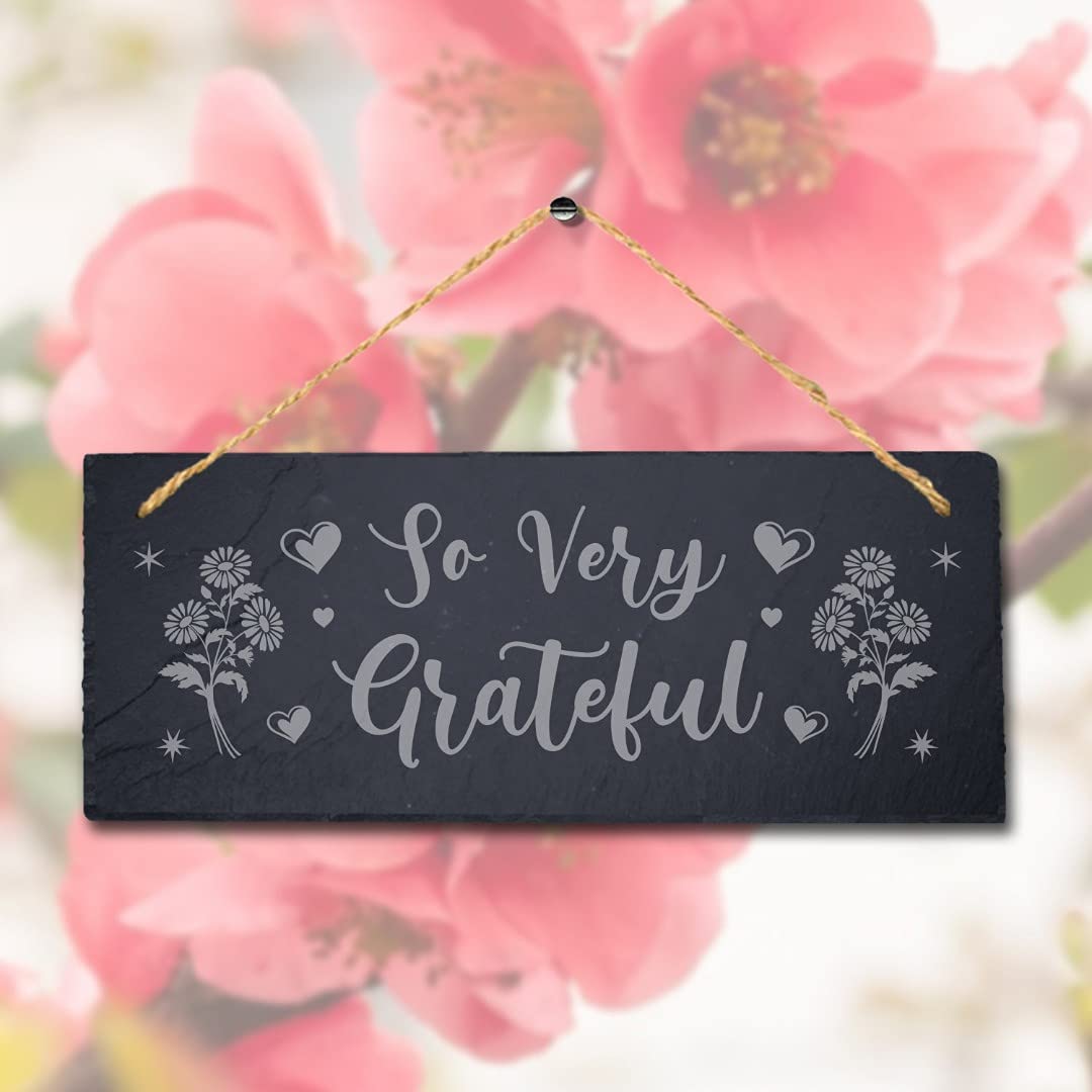 Stukk So Very Grateful Laser Hanging Thanksgiving Home Sign, Natural Engraved Slate Stone Plaque, 30x12cm (Large)