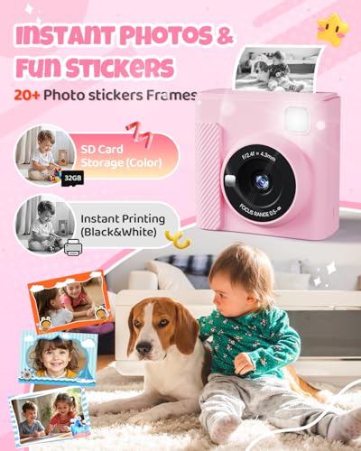 TIATUA Camara Fotos Infantil Instantanea, 2,4 Pulgada 1080P Cámara de Fotos Instantánea con Tarjeta de 32 GB y Papel Fotográfico, Regalo para Niños de 3 a 12 Años