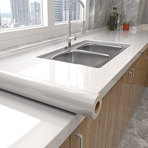 Photo 1 of Shiny White Wallpaper peel and Stick Wallpaper Glossy Self Adhesive Removable Wall paper,15.8" X 118"Waterproof Countertop Paper White Contact Paper for Cabinet Countertop Furniture Kitchen Vinyl Film